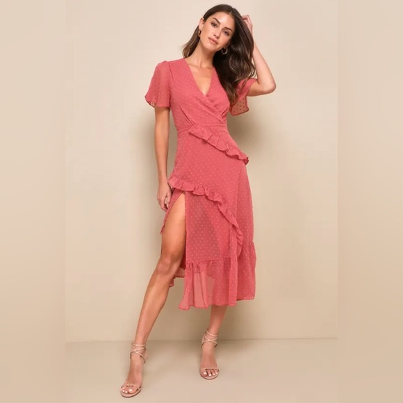 Lulus Dresses & Skirts - Lulu's Rose Wrap Midi Dress with Ruffle Accents